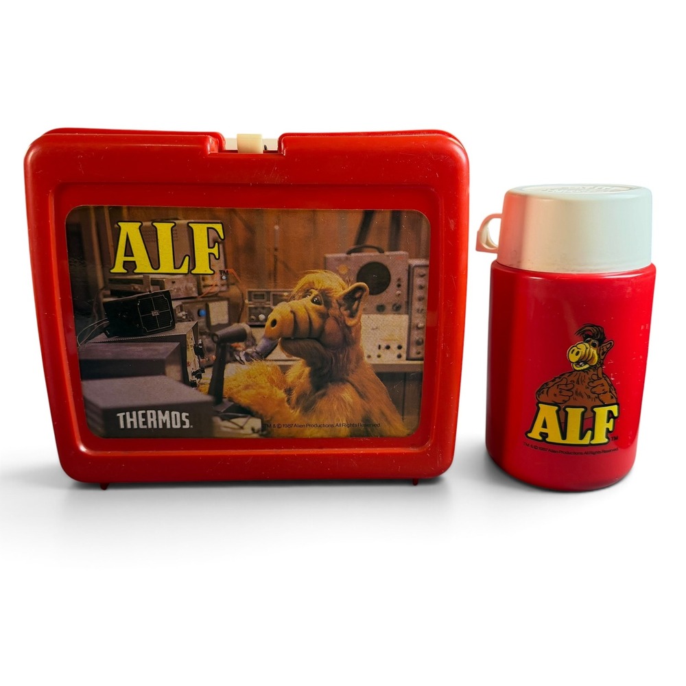 Vintage 1987 ALF Thermos Lunch Box with 10oz Thermos Bottle Red Plastic 80s TV